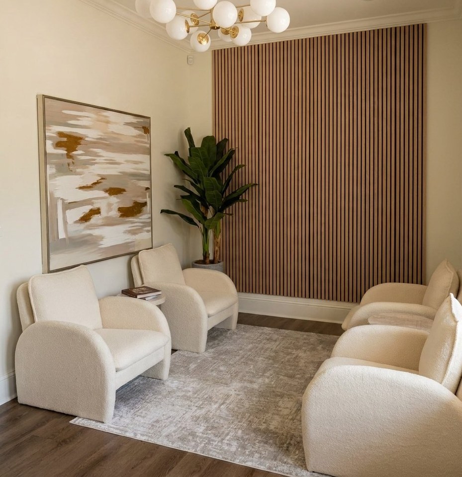 Calm, naturally lit waiting area with neutral chairs and abstract art in Dr. Mitchell's Zachary, Louisiana psychiatry office